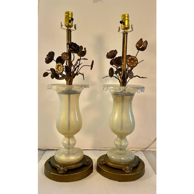 1940s Early Murano Aventurine Filled Hand Blown Glass With Brass Flower Pedal Lamps With Original Foil Tag, a Pair For Sale - Image 12 of 12