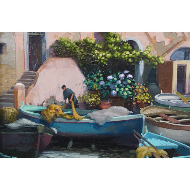Amleto Colucci Marina Grande Capri Italian Cityscape Boats Harbor Oil Painting For Sale - Image 11 of 12