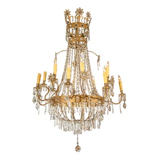 French 19th Century Empire Style 16-Light Crystal and Gilt Metal Chandelier For Sale