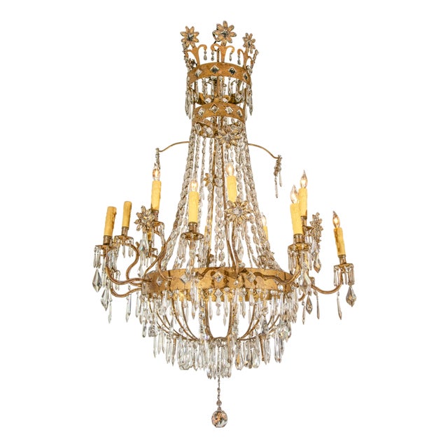 French 19th Century Empire Style 16-Light Crystal and Gilt Metal Chandelier For Sale