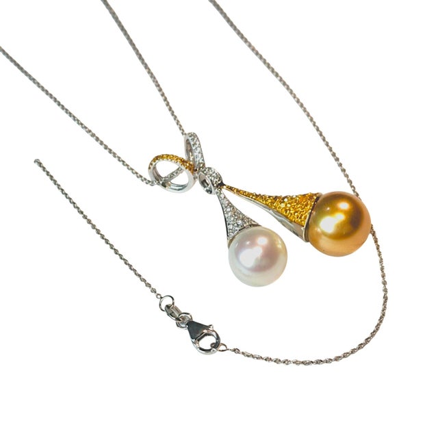 Gold 18 Karat Gold Fancy White Yellow Diamond 0.60 Carat White Golden Pearls Pendant For Sale - Image 8 of 8