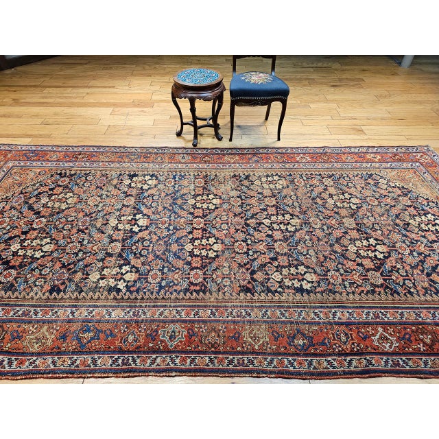 Persian Antique Persian Malayer Gallery Rug, Hand-Knotted Wool, Geometric Pattern, 6x12, Navy & Red For Sale - Image 3 of 14