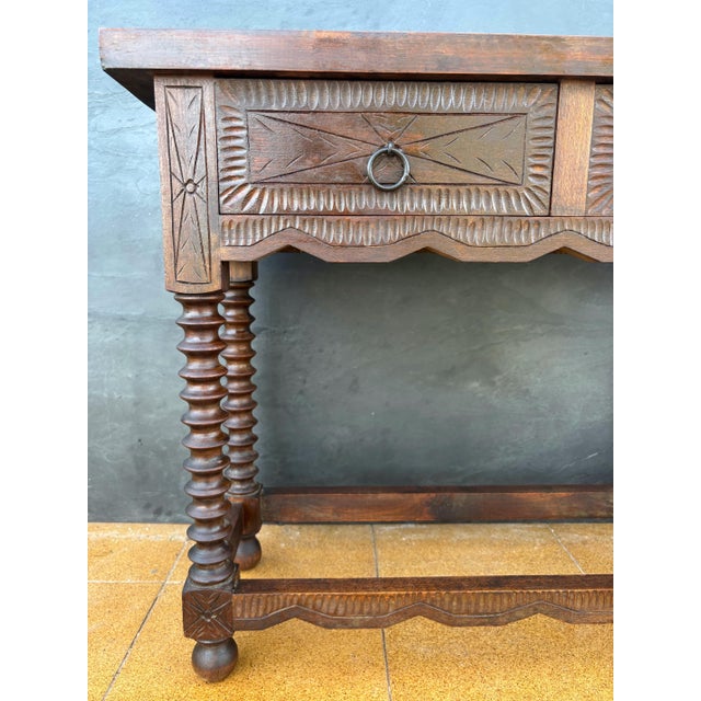 Wood Spanish Console Table with Turned Legs and Carved Drawers, 20th Century For Sale - Image 7 of 10