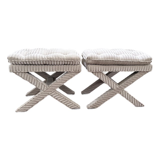 Pair of Upholstered X Leg Benches For Sale