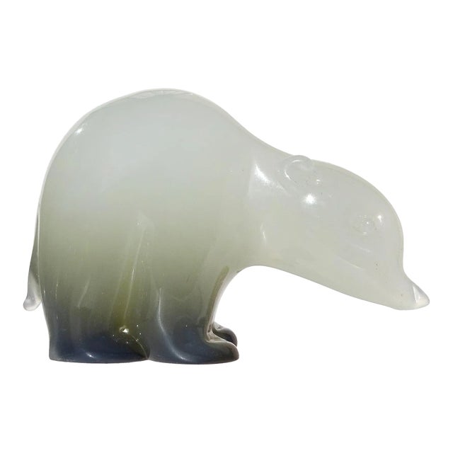 Seguso Murano Vintage Opalescent White Dark Olive Italian Art Glass Baby Bear Cub Figurine For Sale