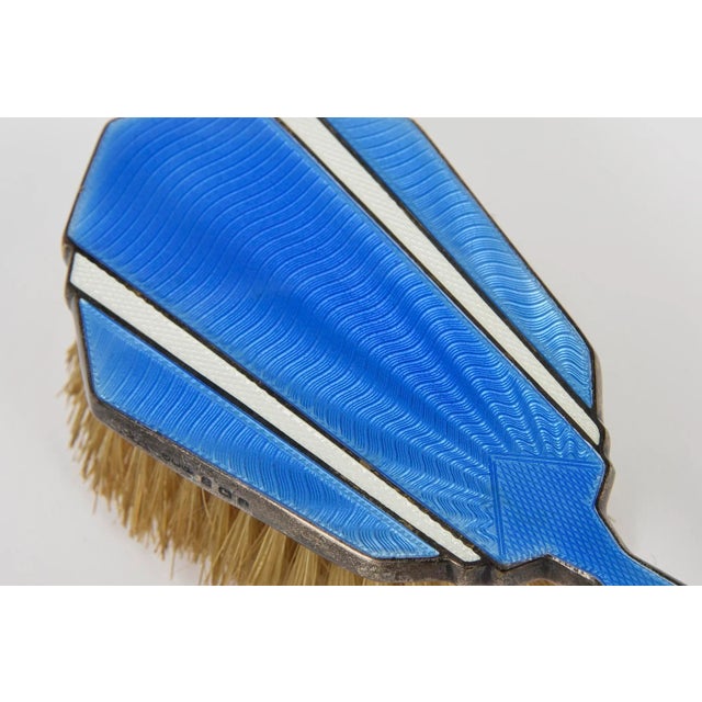 Metal Early 20th Century English Art Deco Sterling Silver Blue White Guilloche Enamel Brush Dresser Set - 3 Pieces For Sale - Image 7 of 13