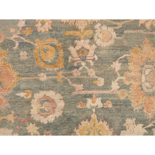 Antique Angora Oushak Carpet, Handmade Oriental Rug, Light Blue, Shrimp, Taupe For Sale - Image 4 of 18