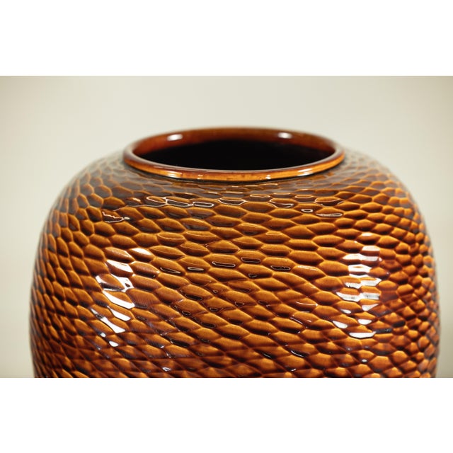 Artisan Large Honeycomb-Textured Ceramic Vase in Warm Amber Glaze For Sale - Image 10 of 18