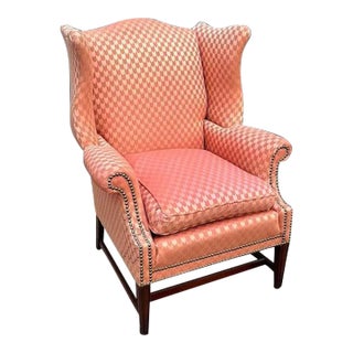 1950s-60s Pink Silk Oversized Wingback Chair W/ Nailhead Detail For Sale