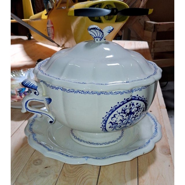 Covered Tureen and Stand in White Earthenware with Blue Decoration from Gien, 1920s For Sale - Image 6 of 8
