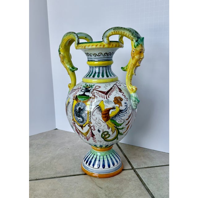 Italian Majolica Hand Painted Ceramic Pottery Face Handles Vase For Sale - Image 4 of 16