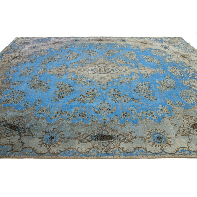 1930s Light Blue Floral Antique Persian Overdyed Wool Rug With Medallion Motif For Sale - Image 5 of 10