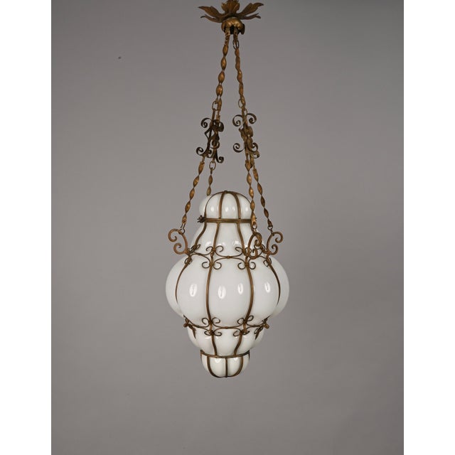 Metal Mid-Century Venetian Brass and Mouth Blown Murano White Glass Chandelier, 1940s For Sale - Image 7 of 18