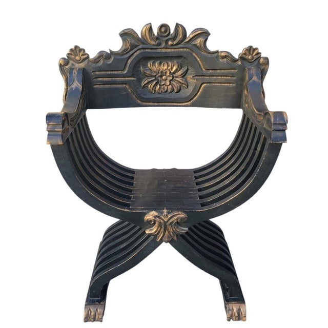 Vintage Black Gold Savonarola Carved Wood Renaissance Style Decorative Side Chair For Sale In West Palm - Image 6 of 10