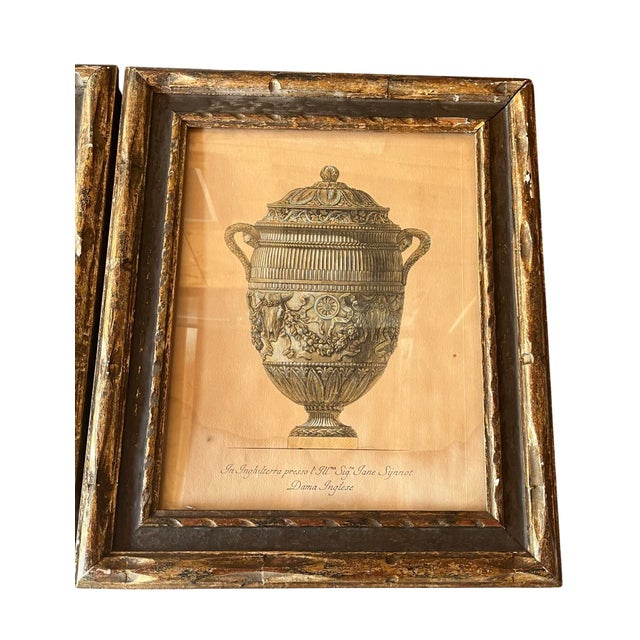 Neoclassical Antique Neoclassical Architectural Framed Original Urn Prints in Gilt Frames - Set/ 2 For Sale - Image 3 of 5