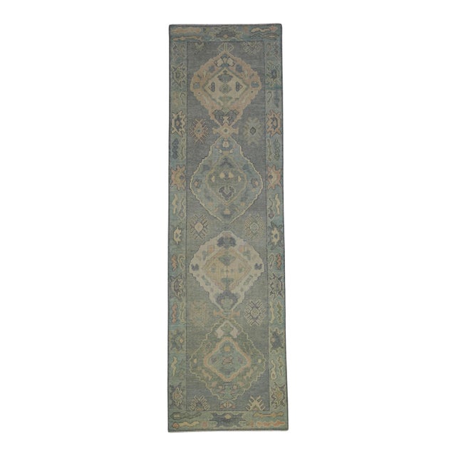 Turkish Oushak Rug Soft Blue & Green Geometric Handwoven Wool Rug 2'8" X 9'1" For Sale