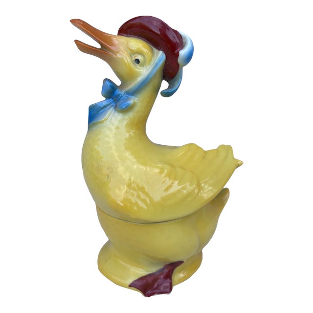 German Porcelain Duck With Hat & Bow Box Circa 1930 For Sale