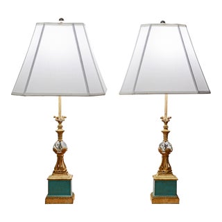 Pair of Louis VI Style Italian Antique Painted Bronze and Steel Table Lamps With Crystal Globes For Sale