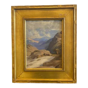 Antique Gold Framed Mountain Landscape Oil Painting on Canvas