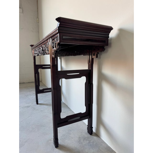 Brown Vintage Chinese Rosewood Altar Console Table – Scroll Top With Hand-Carved Dragon Apron/Sold For Sale - Image 8 of 12