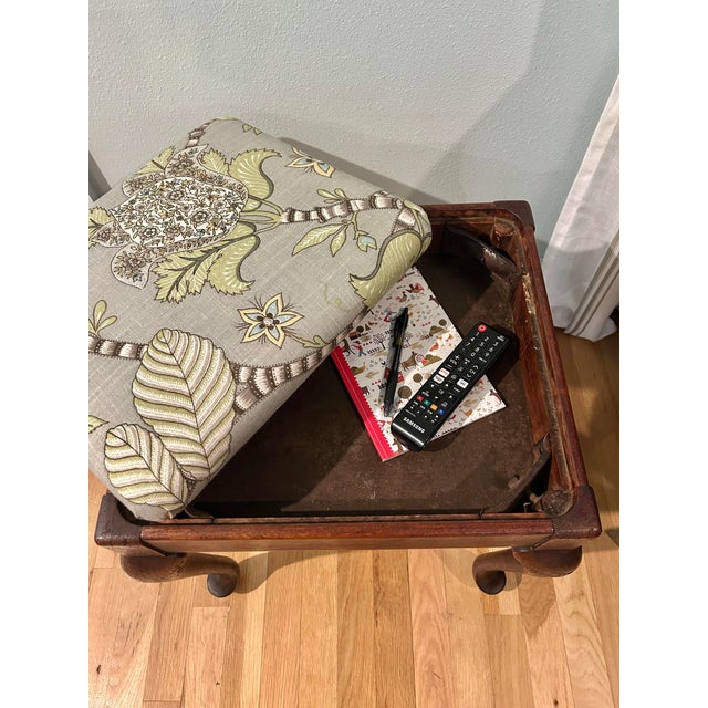 1940’s Queen Anne Mahogany Upholstered Footstool or Bench With Storage Compartment For Sale - Image 4 of 11