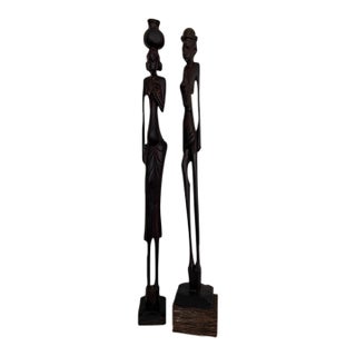 Antique Ebony Wood Hand Carved African Folk Sculptures - Set of 2 For Sale