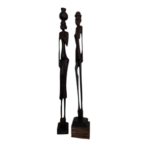 Antique Ebony Wood Hand Carved African Folk Sculptures - Set of 2