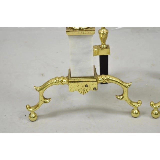 Vintage Brass Urn & Marble Federal Style Branch Leg Fireplace Andirons - A Pair For Sale In Philadelphia - Image 6 of 11
