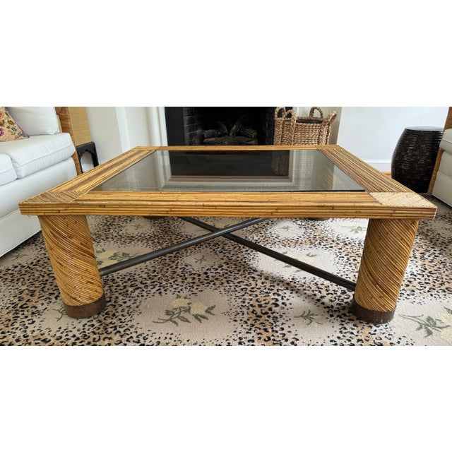 Brown Italian Pencil Reed Coffee Table With Brass, Glass For Sale - Image 8 of 9
