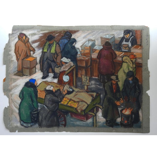 Mid 20th Century Winter Street Market Pastel Painting For Sale In Seattle - Image 6 of 6