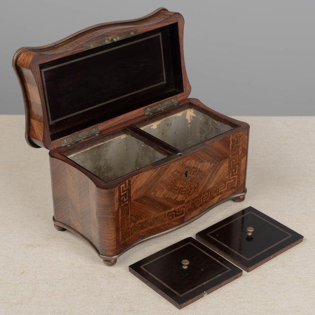 19th Century French Napoleon III Marquetry Inlaid Serpentine Form Tea Caddy Circa 1880 For Sale - Image 5 of 13