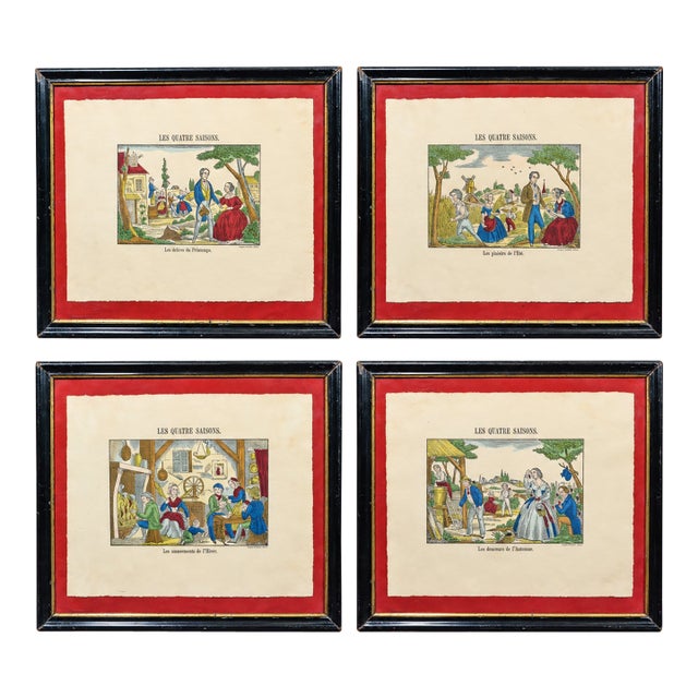 1920s Set of 4 French Imagerie Pellerin “Four Seasons” Hand-Colored Prints, Epinal For Sale