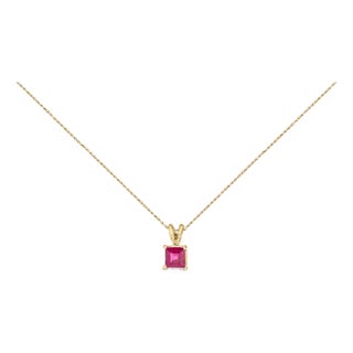 14K Yellow Gold 5x5 MM Square Shaped Red Ruby Solitaire Pendant Necklace For Sale