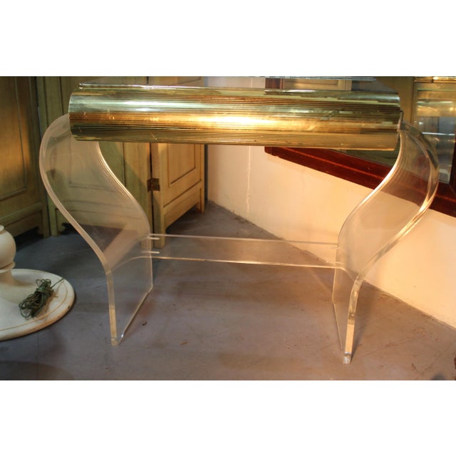 Gold Mid-Century Modern Gold and Lucite Mirror Top Vanity For Sale - Image 8 of 12