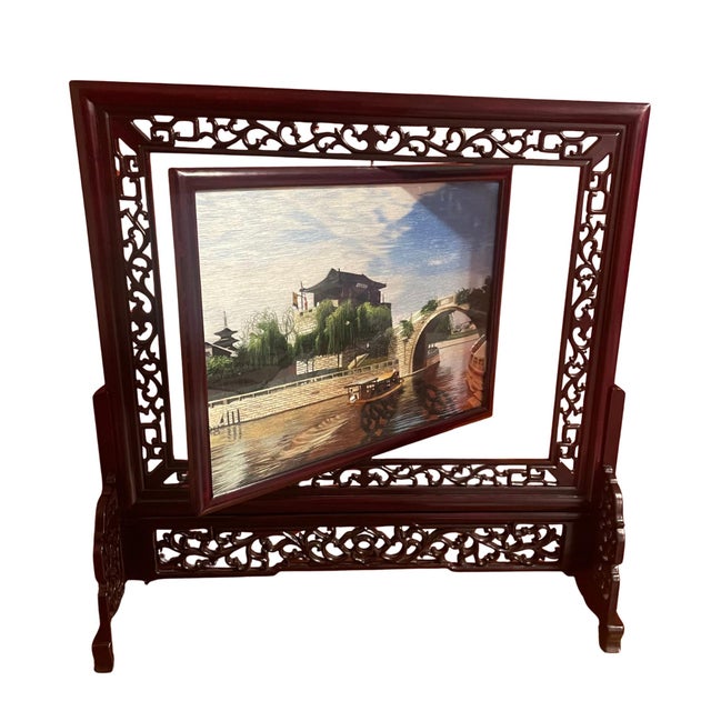Chinese Chinese Double Sided Embroidered Silk Table Screen For Sale - Image 3 of 10