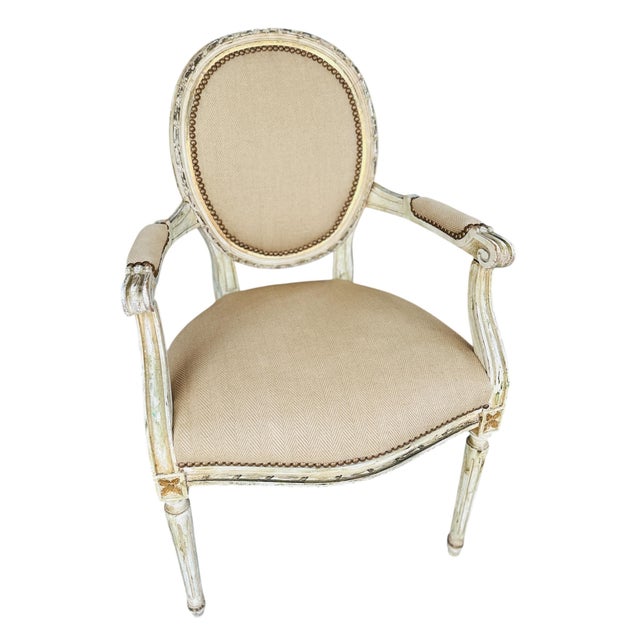 Textile Antique Upholstered Medallion Back Louis XVI Armchair For Sale - Image 7 of 12