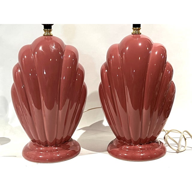 Works! Vintage Pair of Seashell Art Deco Sculpted Mauve Rose Table Lamps - Set of 2 For Sale In Washington DC - Image 6 of 9