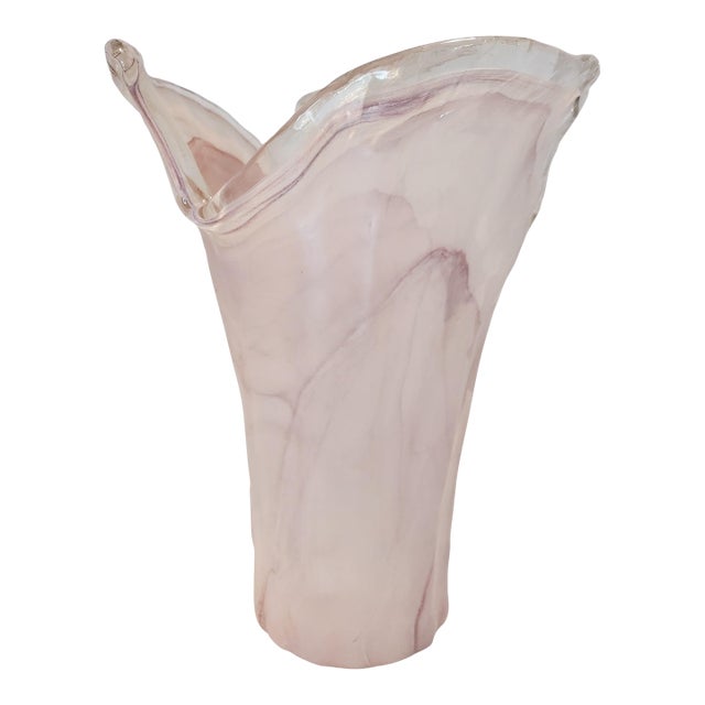 Vintage Italian Murano Lavorazione Style Pink & White Swirled Ruffled Glass Vase For Sale