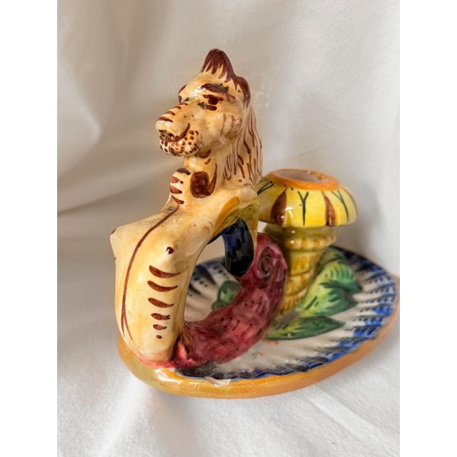 Vintage Mid-Century Modern, 1950s Italian Majolica Griffin Chambersticks, Hand-Painted Ceramic Pair For Sale - Image 9 of 16