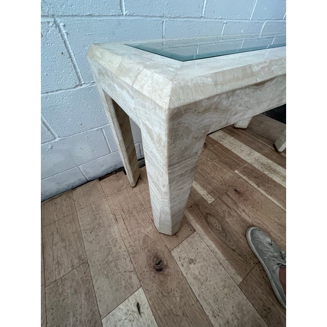 Cream Karl Springer Maitland Smith Style Tessellated and Brass Waterfall Console Table For Sale - Image 8 of 12