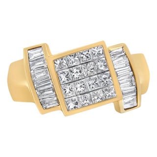 14K Yellow Gold 1 5/8 Cttw Invisible-Set Princess and Baguette Diamond Cocktail Band Ring For Sale