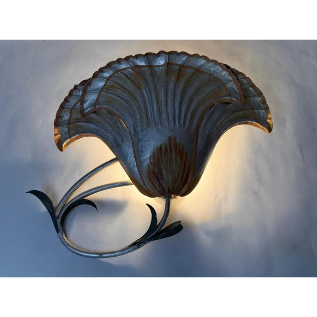 Large Italian Silver Leaf and Metal Flower Wall Sconces, 1970s, Set of 2 For Sale - Image 4 of 18
