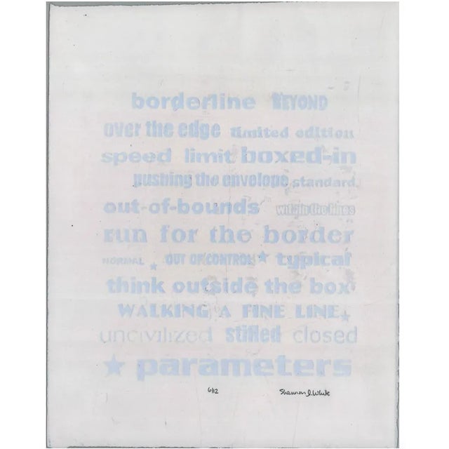 1990s Shannon White text screeprint in white iridescent ink. Pencil signed and numbered 6 of 12.