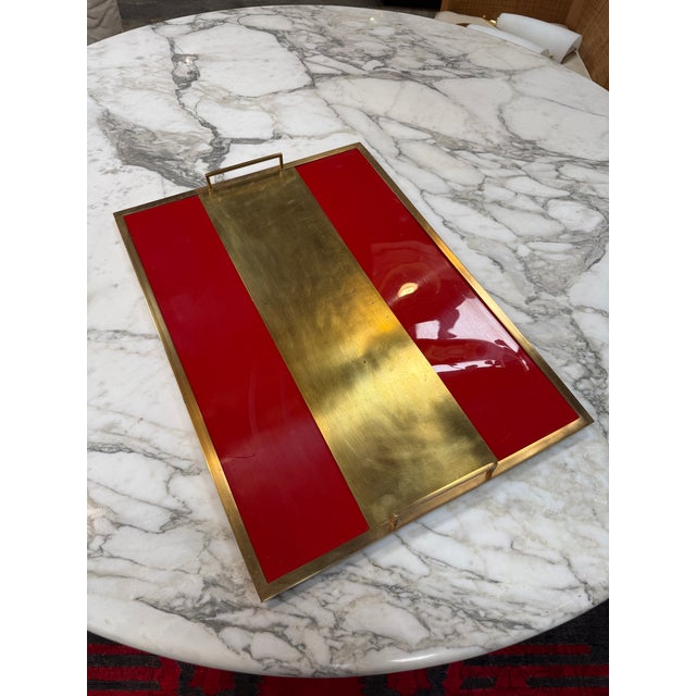 Vintage Red Lacquer & Brass Serving Tray With Handle For Sale In Los Angeles - Image 6 of 7