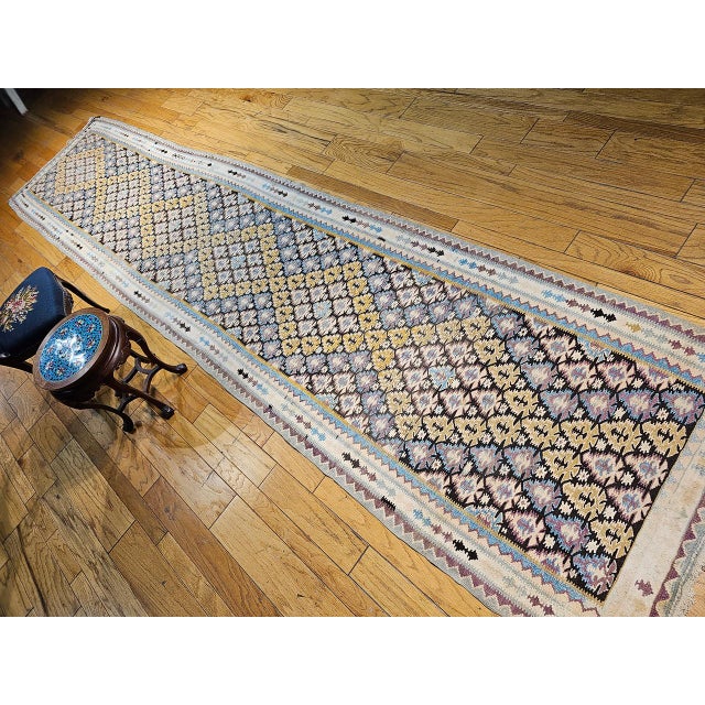 Early 20th Century Vintage Persian Qazvin Tribal Kilim Runner, Handwoven Allover Paisley Pattern, Brown & Ivory, 4’ x 18’ For Sale - Image 5 of 17