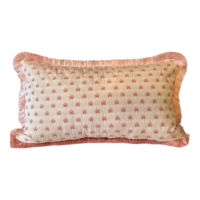 Embroidered Cowtan and Tout Bow Lumbar Pillow With Brush Trim Love Shack Fancy Inspired Down and Feather Insert For Sale