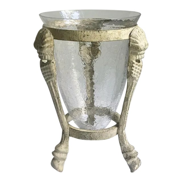 Off White Metal Urn Vase With Crackle Glass Insert, 1980's For Sale