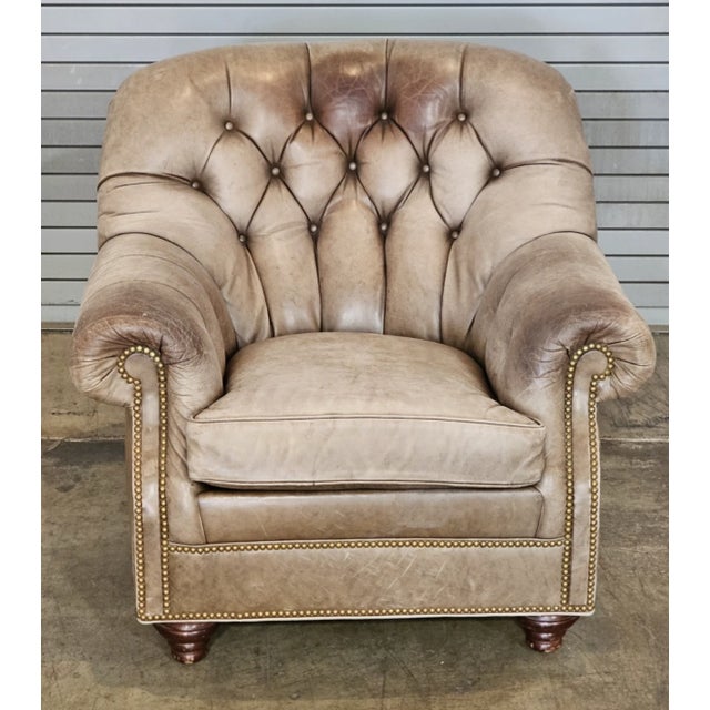 Traditional Hancock & Moore Tufted Tan Leather Club Chair Arm Chair W Match Ottoman For Sale - Image 3 of 11