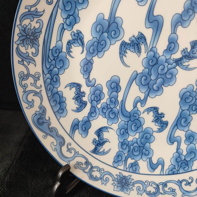 Early 20th Century Chinese Ceramic Plate,Qianlong Marked Blue and White Porcelain Plate Hand Painted Bats Pattern For Sale - Image 5 of 11