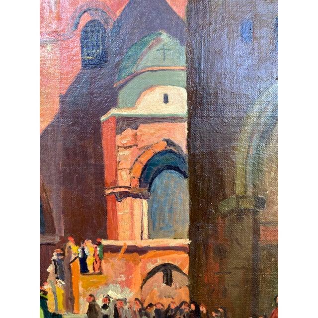 Textile Vintage Oil Painting of European Architecture, Framed For Sale - Image 7 of 11